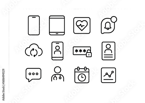 Mobile EHR Icons. Outline icon set of Mobile EHR apps: smartphone, tablet, health app icon, notification,