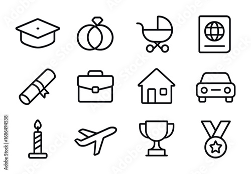 Life Milestones Icons. Outline icon set of Life milestones documentation: graduation cap, wedding rings, baby