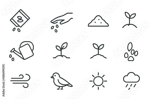 Seed Spreading Icons. Outline icon set of Seed spreading: seed packet, hand sowing seeds, soil, watering can,