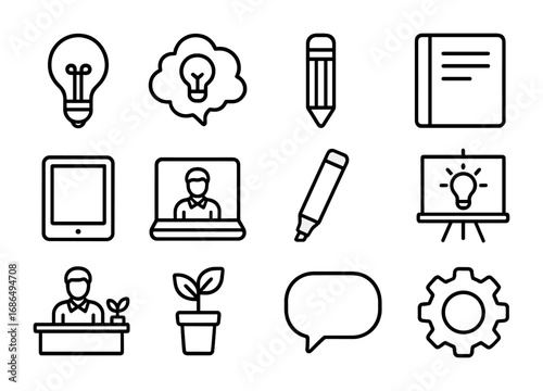 Innovation Icon Set. Outline icon set of Employee innovation and creativity: light bulb, idea cloud, pencil,