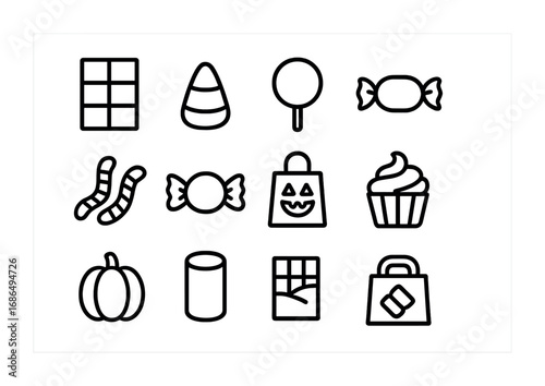 Halloween Treat Icons. Outline icon set of Halloween sweets: chocolate, candy corn, lollipop, caramel, gummy