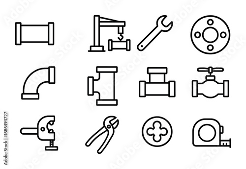 Pipeline Equipment Icons. Outline icon set of Pipeline construction equipment: pipe, crane, wrench, flange,