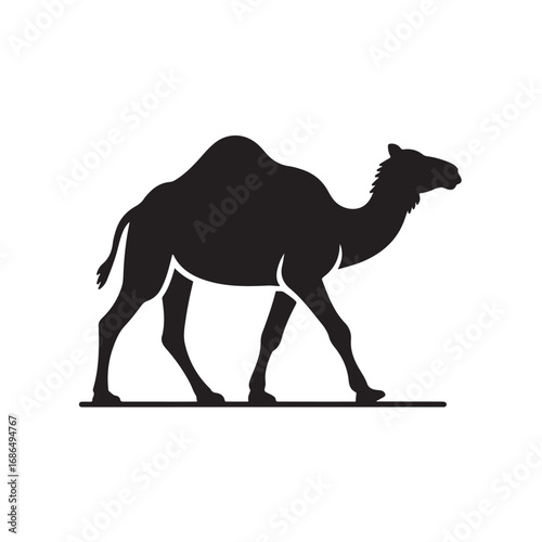 Silhouette of a Camel Walking Against a White Background