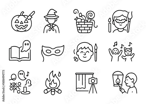 Halloween Party Icons. Outline icon set of Halloween party activities: pumpkin carving, costume contest, candy