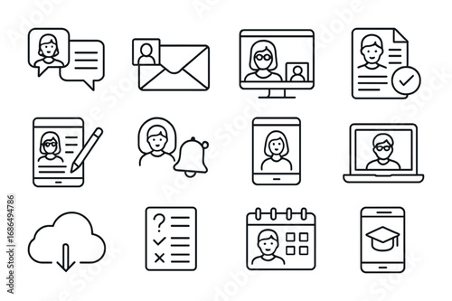 Educational Communication Icons. Outline icon set of Teacher-student communication: chat, email, video call,
