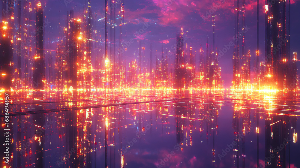 Obraz premium A cityscape with a large body of water in the background. The water is reflecting the lights of the city