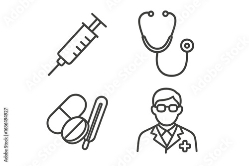 Medical icons set with syringe, stethoscope, pills, thermometer, and doctor outline. Thin line style vector for healthcare apps, websites, banners, infographics, and medical design elements