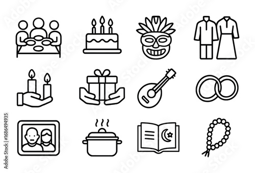 Family Tradition Icons. Outline icon set of Family traditions and cultural practices: family dinner, birthday