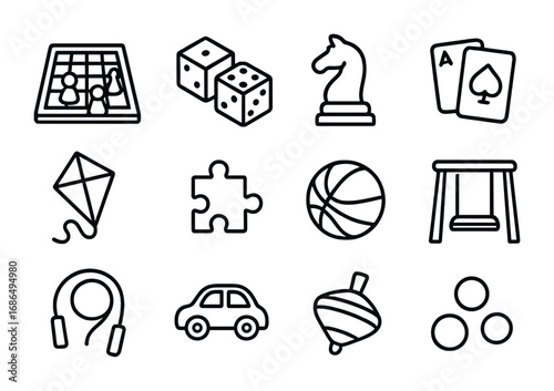 Family Game Icons. Outline icon set of Family games and recreational customs: board game, dice, chess piece,