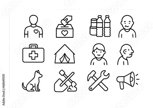 Disaster Support Icon Set. Outline icon set of Community support after disasters: volunteer, donation box,