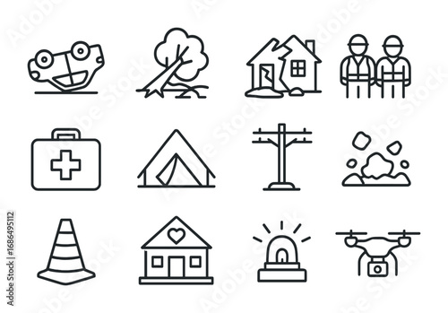 Tornado Aftermath Icons. Outline icon set of Tornado aftermath: overturned car, fallen tree, destroyed house,