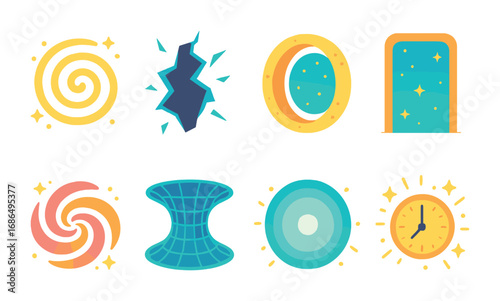 Colorful Time Portals. Flat vector mini-illustrations time portals and wormholes in colors children's