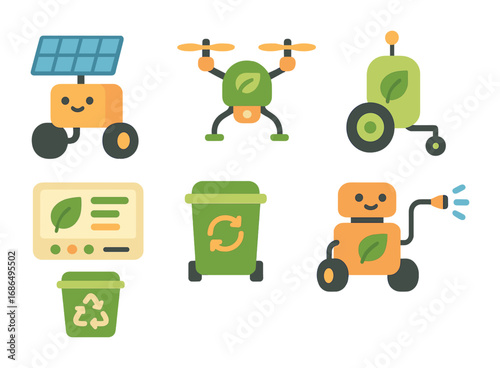 Eco-Friendly Farming Robots. Flat vector mini-illustrations eco-friendly farming robots in colors children's