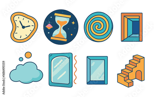 Time and Illusion Icons. Flat vector mini-illustrations time and illusion in colors children's illustrations: