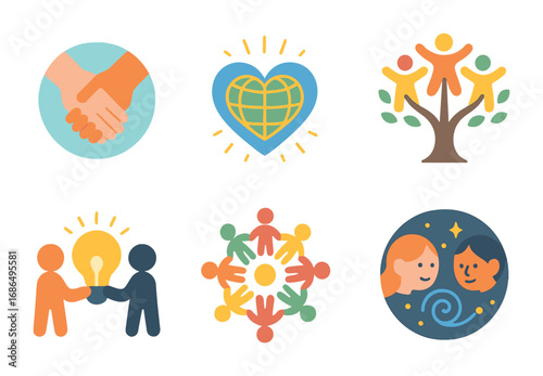 Universal Connection Icons. Flat vector mini-illustrations universal oneness and connection in colors children