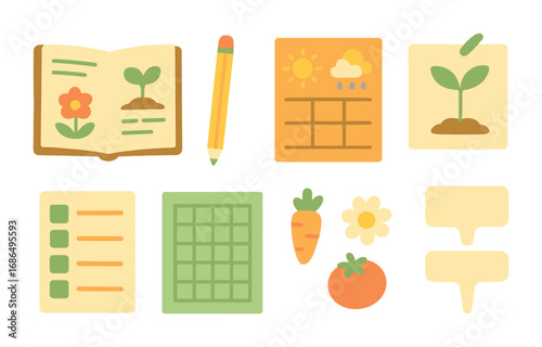 Garden Journaling Icons. Flat vector mini-illustrations garden journaling and planning in colors children's