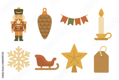 Nostalgic Holiday Icons. Flat vector mini-illustrations old-fashioned holiday décor in colors children's