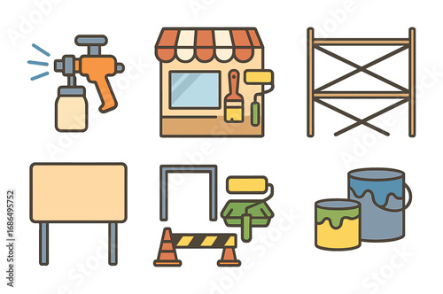 Colorful Paint Job Icons. Flat vector mini-illustrations commercial painting jobs in colors children's