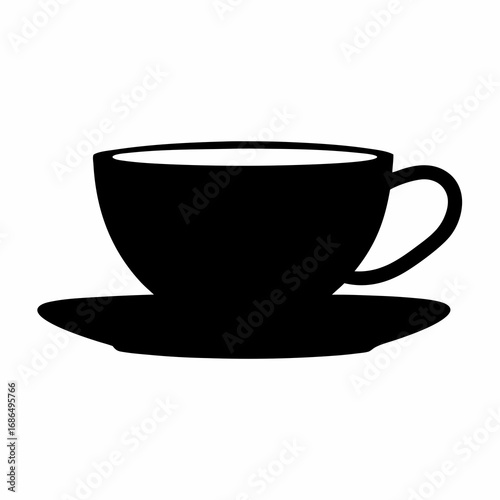 Black silhouette illustration of a coffee cup and saucer on white background