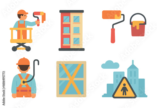 Building Painting Icons. Flat vector mini-illustrations multi-story building painting in colors children's