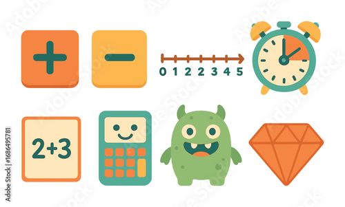 Math Learning Icons. Flat vector mini-illustrations math-based learning games in colors children's