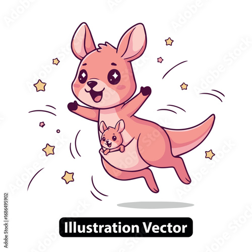 Adorable Cartoon Kangaroo Joyfully Bouncing with Joey in its Pouch, Illustrated Vector Design