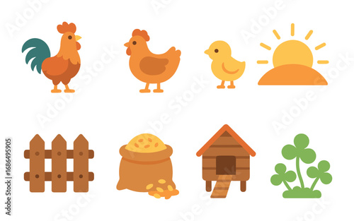 Sunrise Farmyard Animals. Flat vector mini-illustrations Roosters and hens at sunrise in colors children's