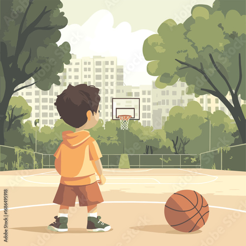 Basketball concept. A Boy Shooting a Basketball On an Outdoor Court. , vector style simple color