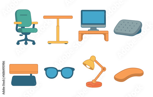 Colorful Home Office Icons. Flat vector mini-illustrations Ergonomic home office in colors children's