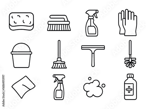 Bathroom Cleaning Icons. Outline icon set of bathroom cleaning tools: scrubbing sponge, cleaning brush,