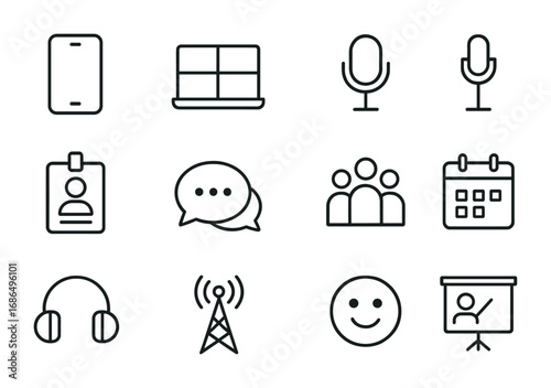 Hybrid Events Icons. Outline icon set of hybrid events integration: smartphone, laptop, video wall, microphone