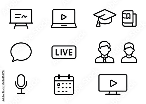 Education Streaming Icons. Outline icon set of education live streaming: blackboard, laptop, graduation cap,