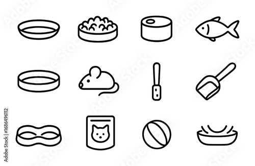 Kitten Feeding Icons. Outline icon set of kitten feeding: milk saucer, kitten kibble, can food, fish snack,