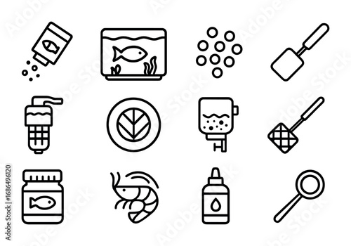 Fish Feeding Icons. Outline icon set of fish feeding: fish flakes, aquarium, fish pellets, scoop, water filter