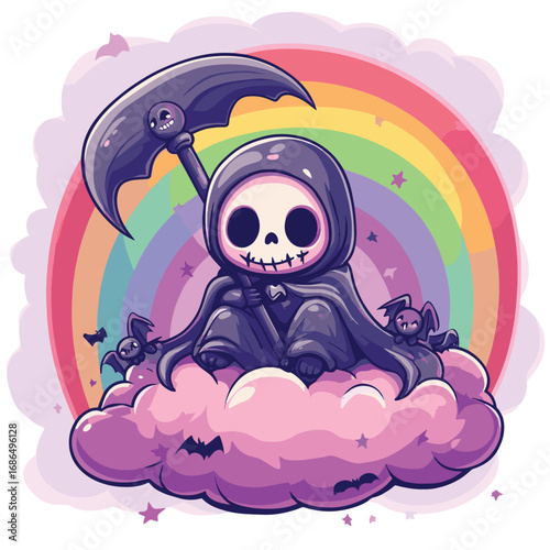 A cute kawaii grim reaper with a scythe sits on a cloud under a pastel rainbow with bats. Creepy cute vector art illustration. , vector style simple color