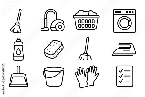 Household Chores Icons. Outline icon set of household chores sharing: broom, vacuum, laundry basket, washing