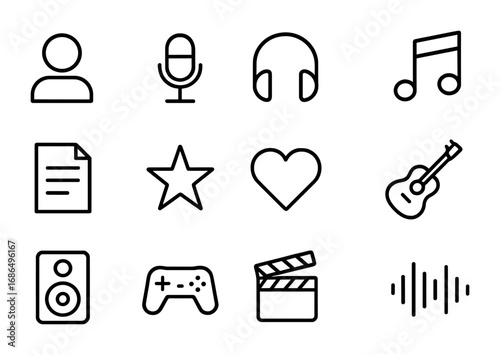 Character Song Icons. Outline icon set of character songs: avatar head, microphone, headphones, music note,