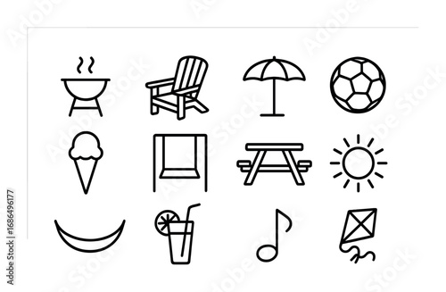 Family Weekend Icons. Outline icon set of weekend family time: barbecue grill, garden chair, umbrella,