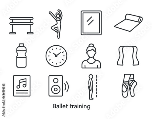 Ballet Training Icons. Outline icon set of ballet training: barre, dancer, mirror, floor mat, water bottle,