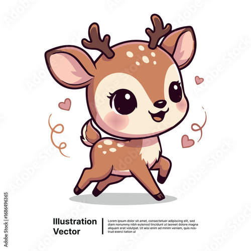 Adorable cartoon deer running with hearts, vector illustration for kids and nature lovers