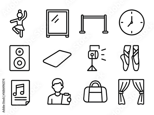 Dance Rehearsal Icons. Outline icon set of dance rehearsal: dancer, mirror, barre, clock, speaker, mat,