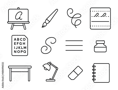 Lettering Workshop Icons. Outline icon set of lettering workshop: chalkboard, brush pen, practice sheet,