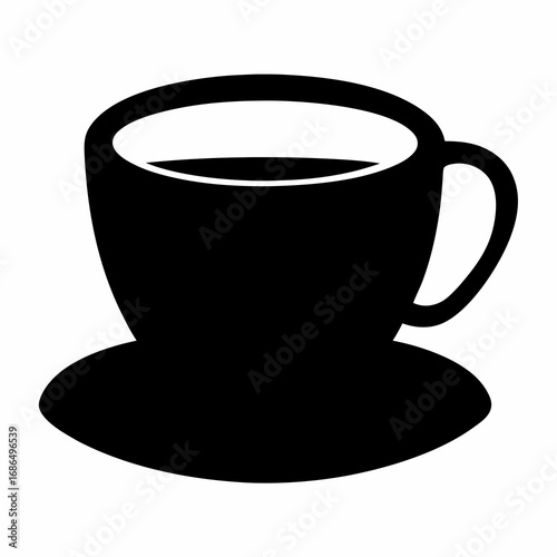 Black silhouette of a coffee cup and saucer on white background