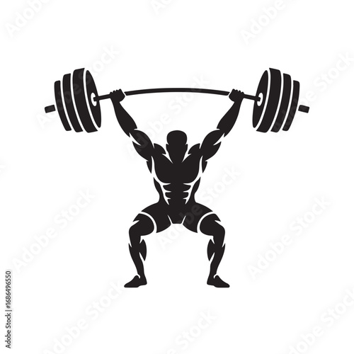 Silhouette of a Muscular Man Lifting a Barbell Overhead