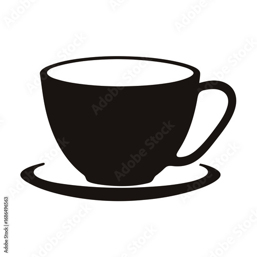 Monochrome silhouette illustration of a teacup and saucer on white background
