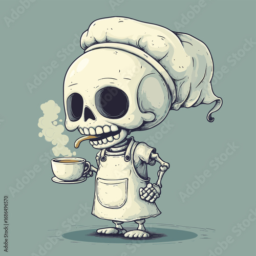A relaxed skeleton character wearing an apron and savoring a hot cup of coffee. A humorous vintage cartoon mascot illustration. , vector style simple color