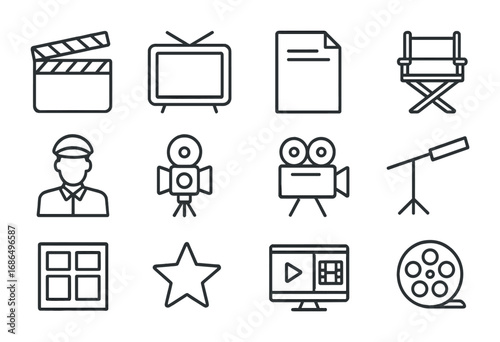 Pilot Episode Icon Set. Outline icon set of pilot episode creation: clapperboard, TV screen, script page,