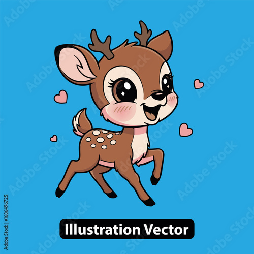 A joyful cartoon baby deer fawn character prancing happily with pink love hearts illustration