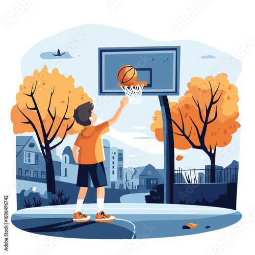 Basketball concept. A Boy Shooting a Basketball On an Outdoor Court. , vector style simple color
