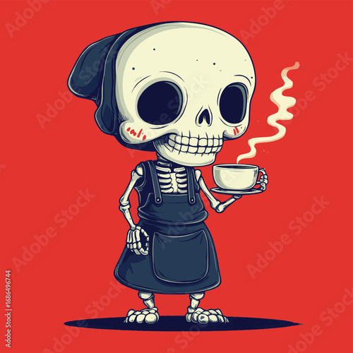 A relaxed skeleton character wearing an apron and savoring a hot cup of coffee. A humorous vintage cartoon mascot illustration. , vector style simple color